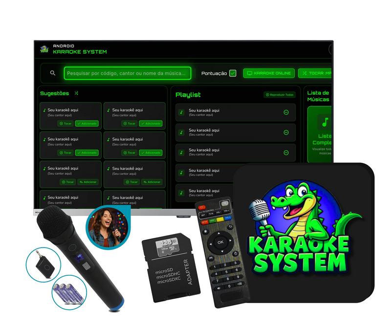 Aparelho de Karaoke Box 18 Mil Músicas c/ Pontuação, Sistema de Busca, Numeração, Altera Tonalidade + Mic S/ Fio