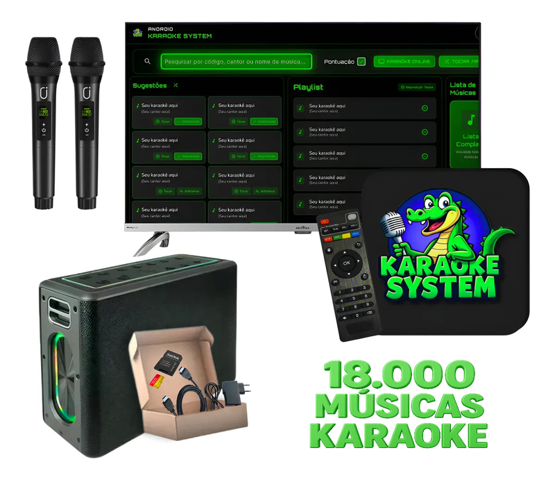Aparelho TV Karaoke Box 18 Mil Músicas Com Pontuação Sistema de Busca Numeração e Alteração de Tonalidade + 2 Mic C/ Fio