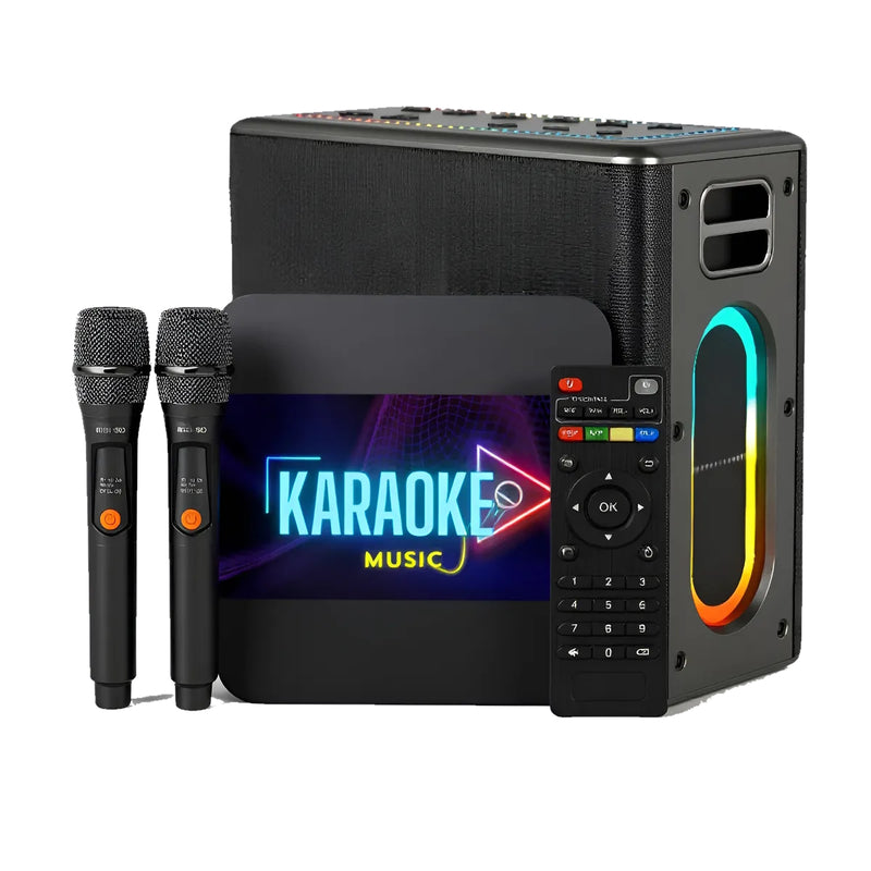 Aparelho TV Karaoke Box 18 Mil Músicas Com Pontuação Real Sistema de Busca Numeração e Alteração de Tonalidade + Cx Som 120w 2 Mic S/ Fio
