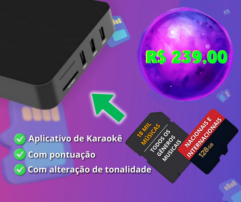 Memory Card 128GB Com 18.000 Músicas Karaoke + Aplicativo de Karaoke Android Com Pontuação