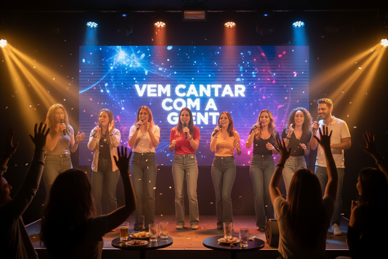 Grupo de pessoas cantando com microfone em mãos e uma tela na parede com o texto: "Vem Cantar Com a Gente"