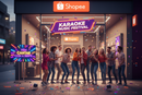 Uma fachada real de uma loja da empresa "Shopee" com o logotipo da "Shopee" e embaixo coloque o texto "Karaoke Music Festival" e coloque algumas pessoas cantando karaoke com microfone em mãos e uma tela de TV 60 polegadas com o texto colorido e fonte 3D: "Vem Cantar Com A Gente"